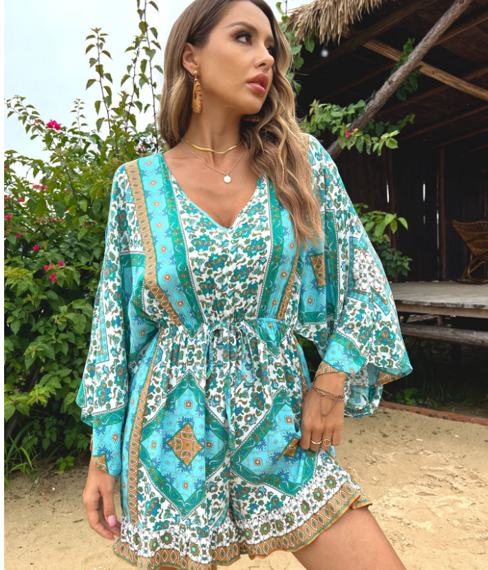 Boho Print V-Neck Long Sleeve Tie Waist Mini Dress