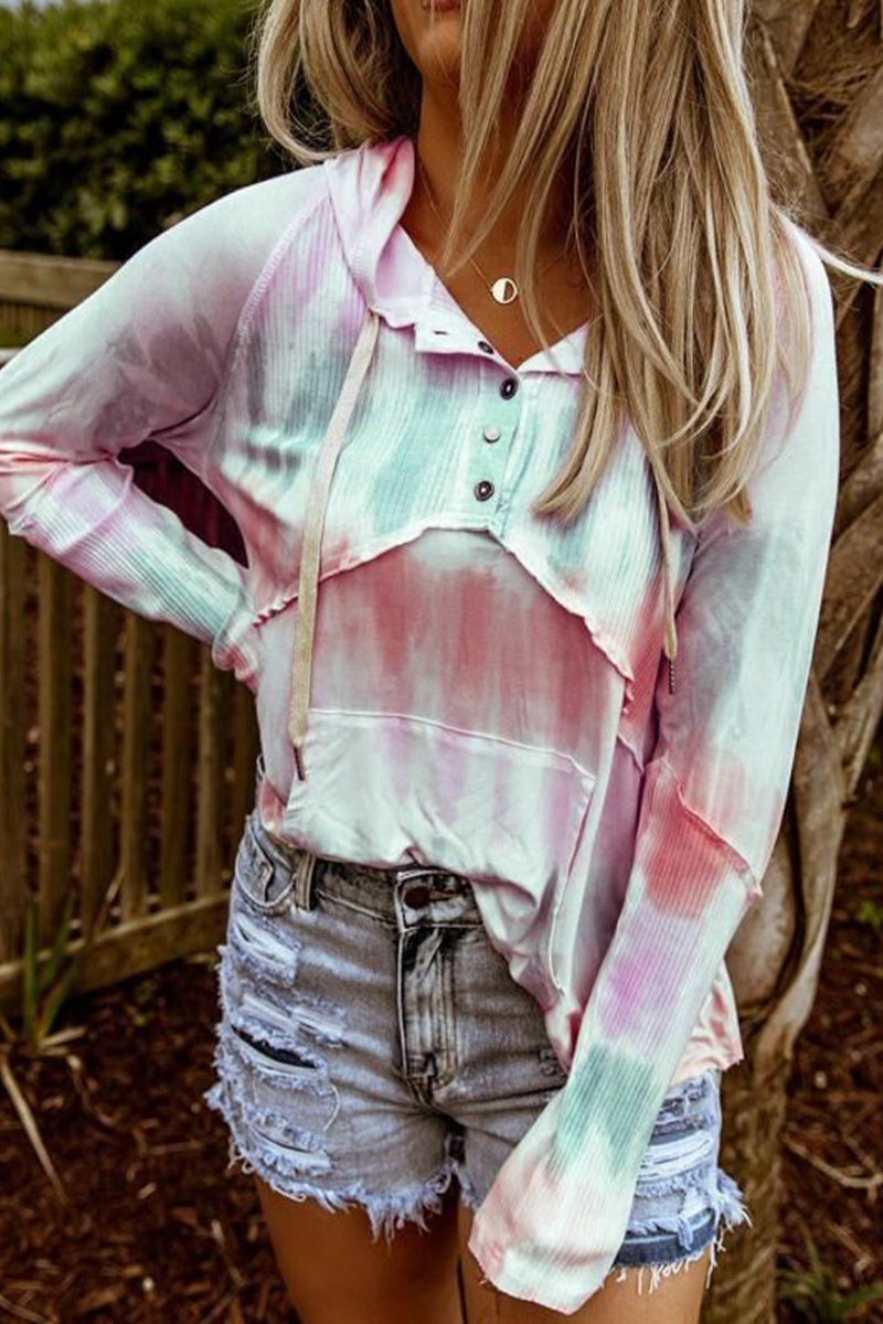 Casual Patchwork Tie-dye Hooded Collar Tops - Fashionpara