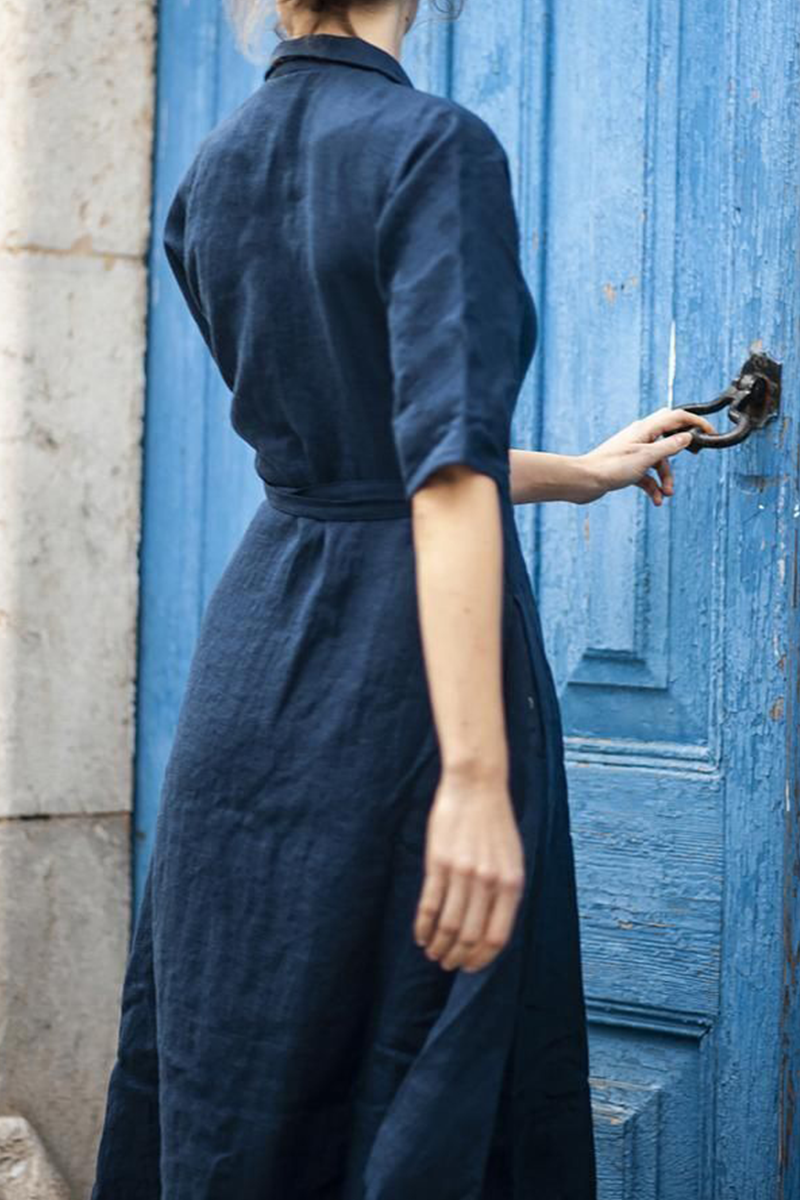 Casual Solid Patchwork Turndown Collar Waist Skirt Dresses - Fashionpara