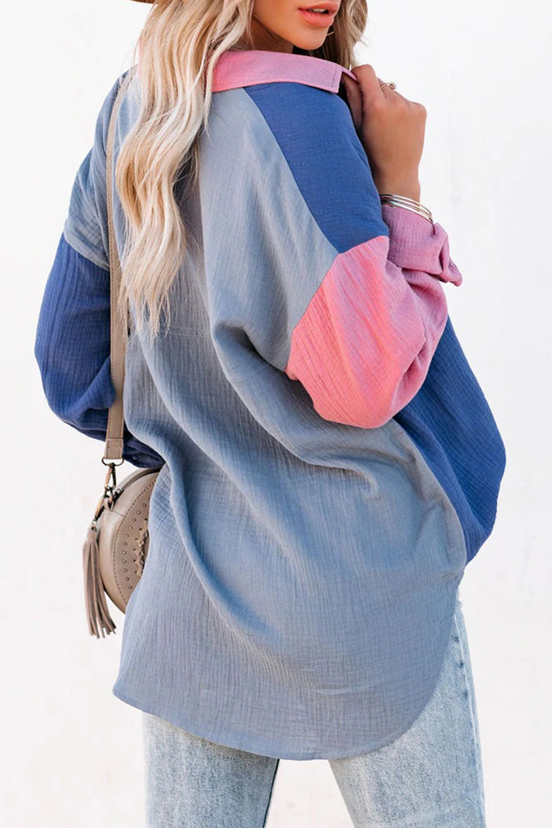 Casual Solid Patchwork Turndown Collar Blouses (4 Colors) - Fashionpara