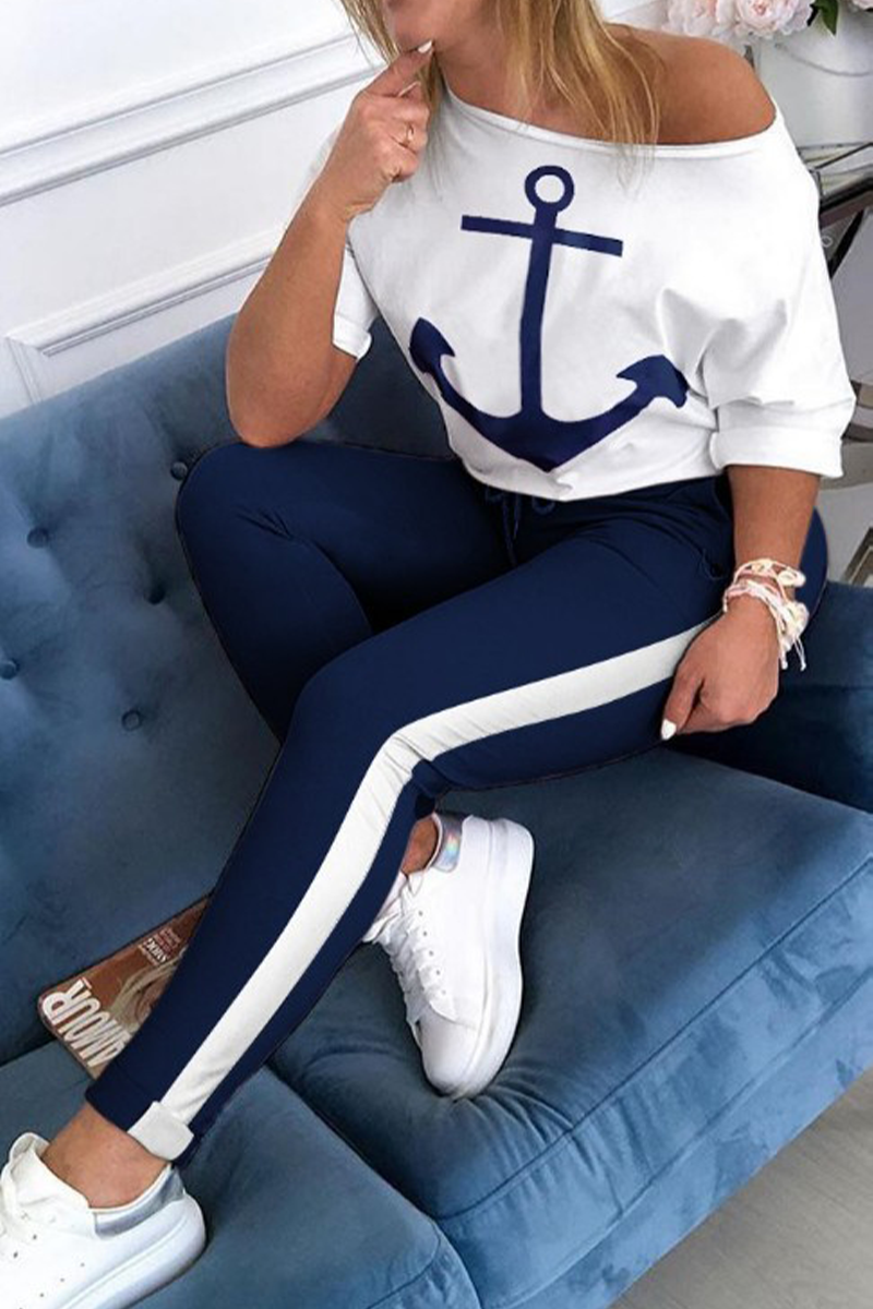 Casual Print Patchwork One Shoulder Half Sleeve Two Pieces - Fashionpara