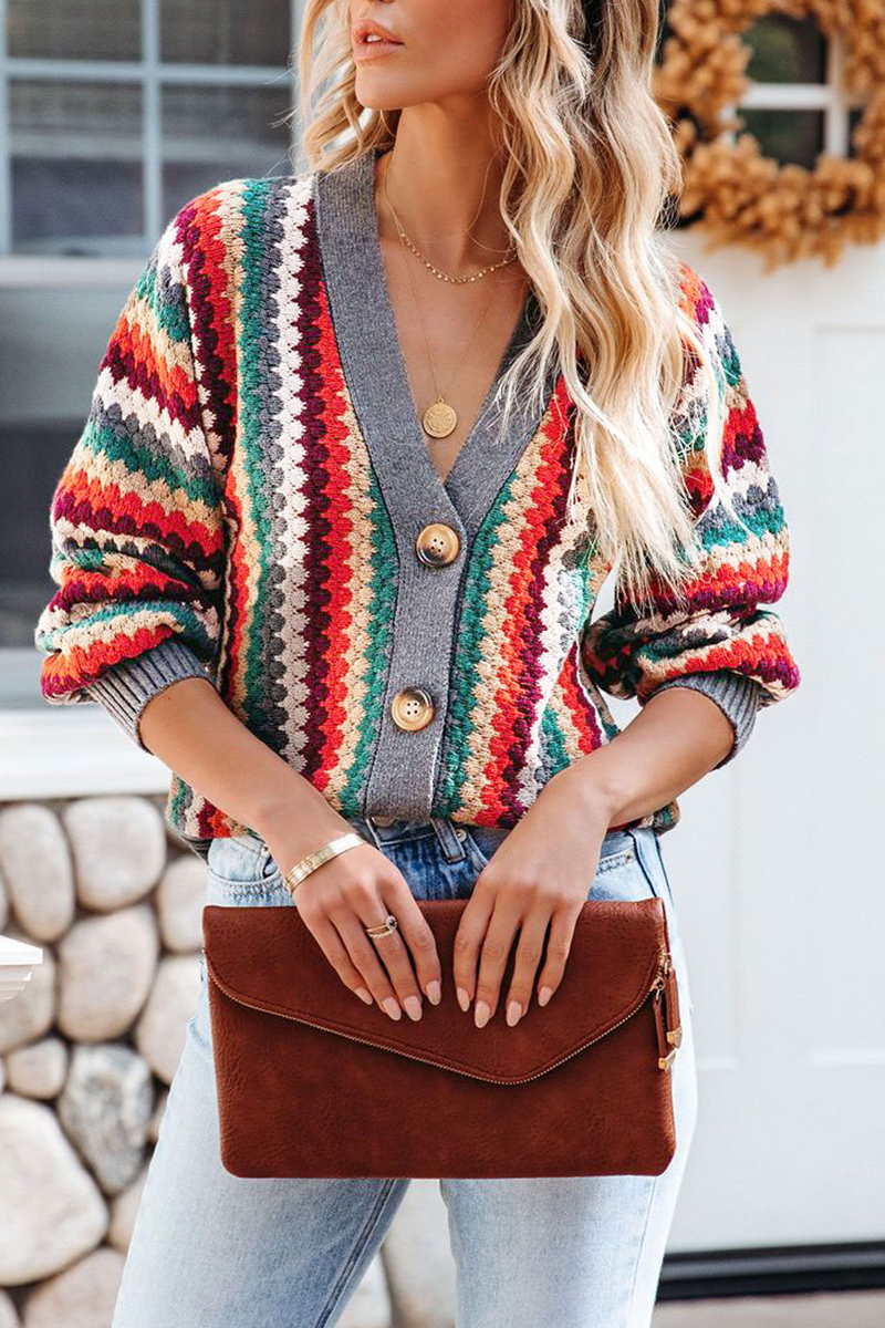 Casual Striped Patchwork Cardigan Collar Sweaters - Fashionpara