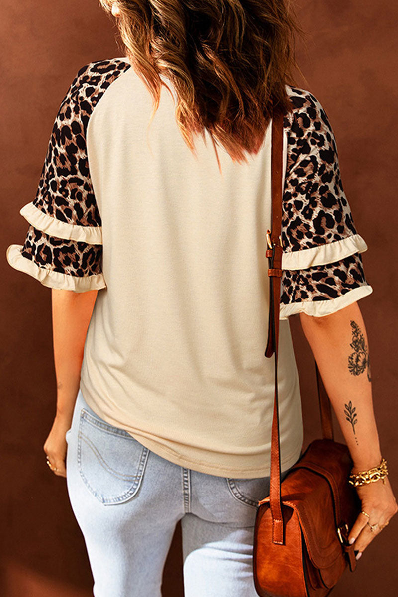 Casual Print Leopard Patchwork O Neck T-Shirts(5 Colors) - Fashionpara