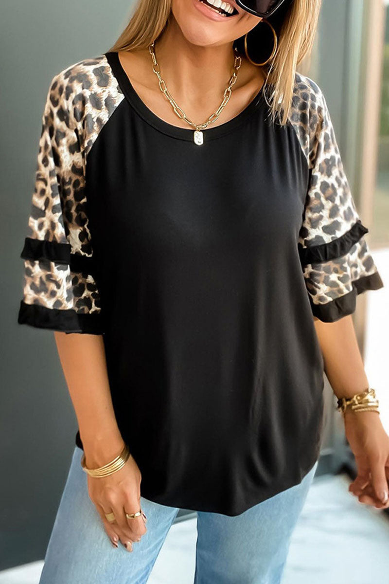 Casual Print Leopard Patchwork O Neck T-Shirts(5 Colors) - Fashionpara