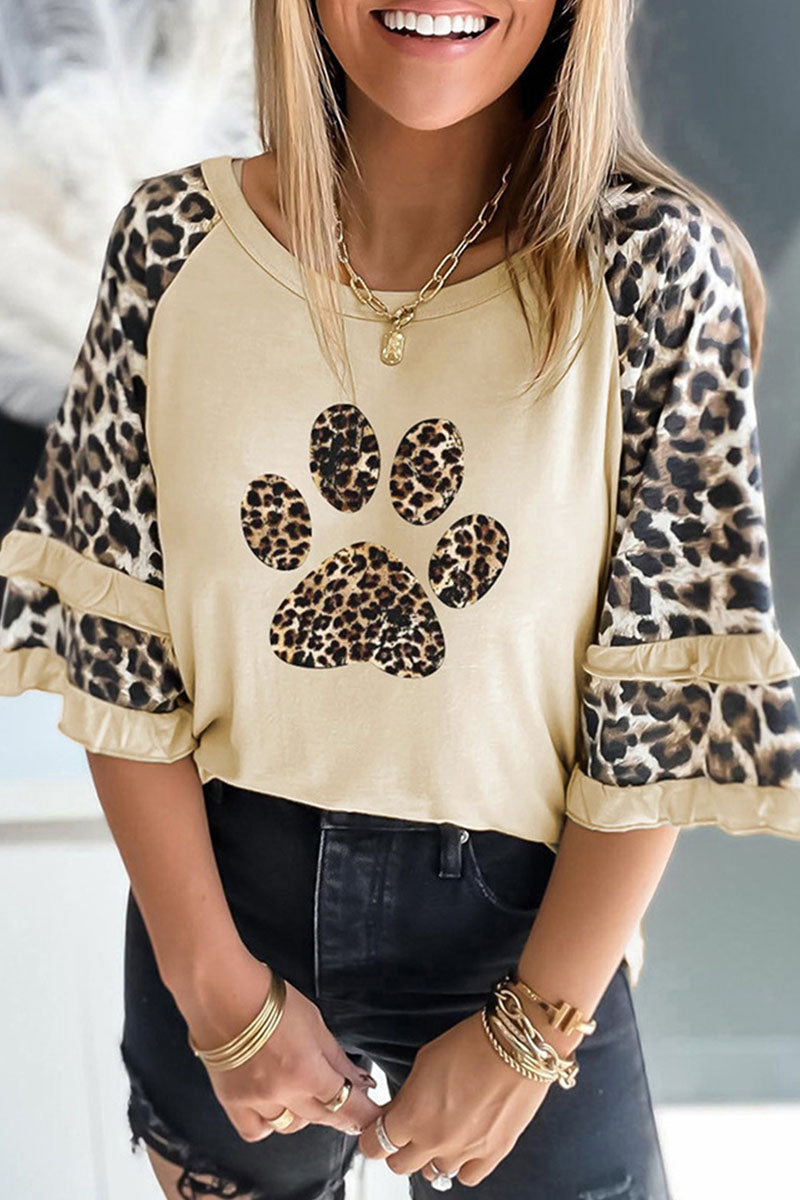Casual Print Leopard Patchwork O Neck T-Shirts(5 Colors) - Fashionpara