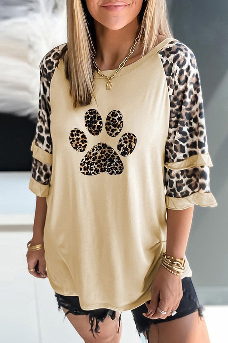 Casual Print Leopard Patchwork O Neck T-Shirts(5 Colors) - Fashionpara