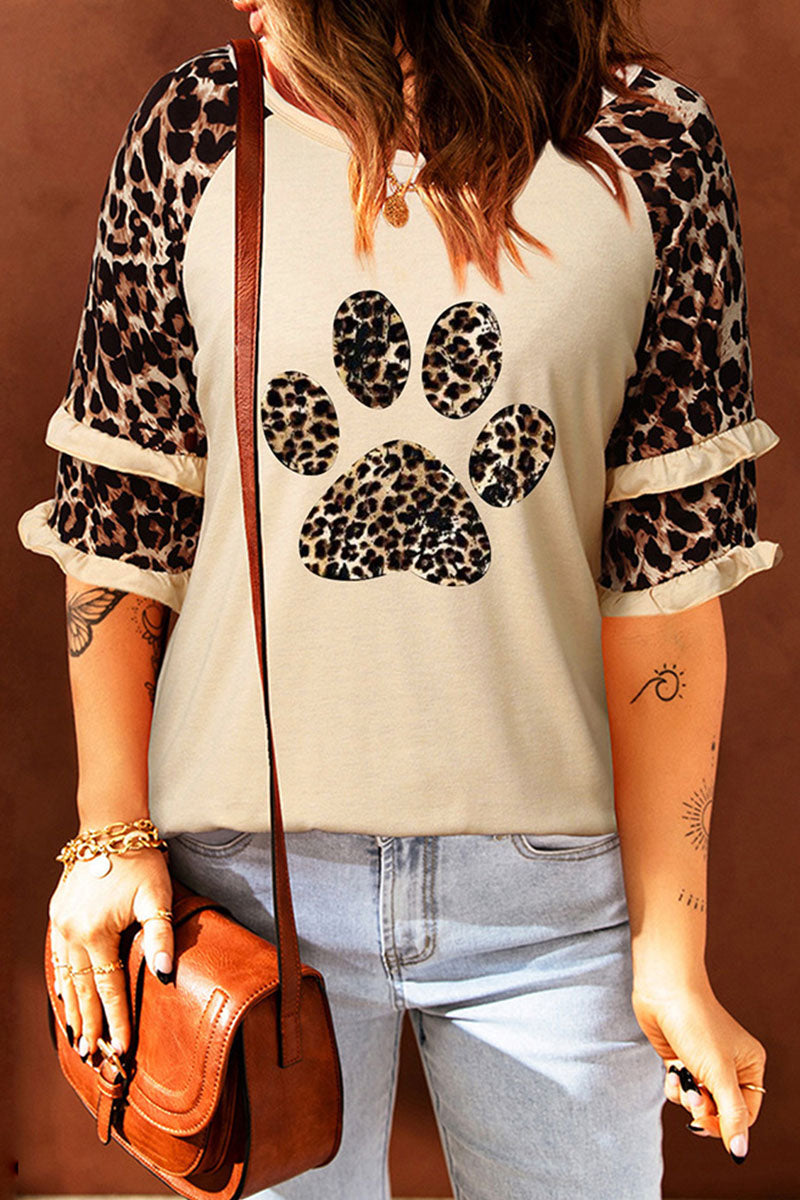 Casual Print Leopard Patchwork O Neck T-Shirts(5 Colors) - Fashionpara