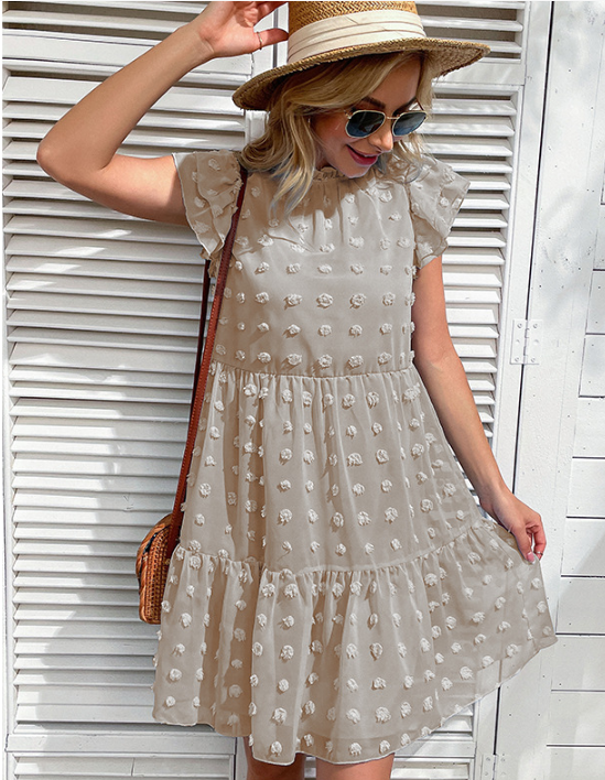 Swiss Dot High Neck Puff Sleeve Tiered Mini Dress