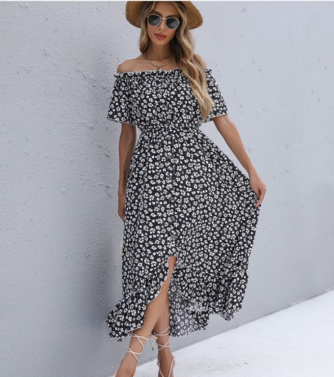 Floral Print Off Shoulder High-Low Midi Dress