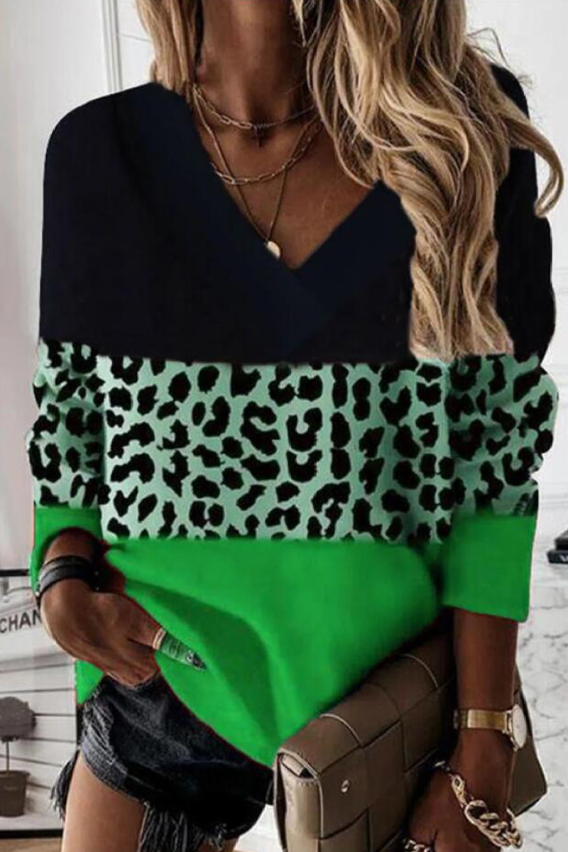 Street Leopard Patchwork V Neck Tops(4 Colors) - Fashionpara
