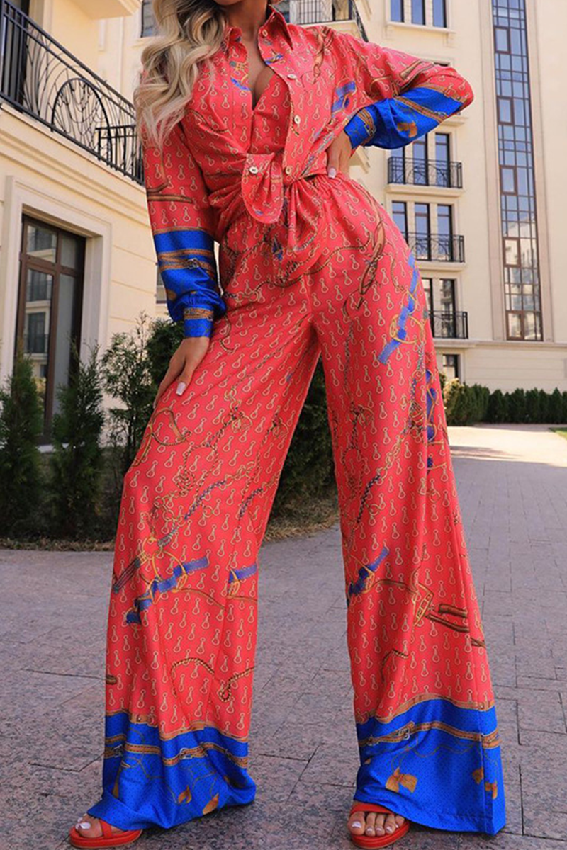 Casual Print Patchwork Turndown Collar Long Sleeve Two Pieces - Fashionpara