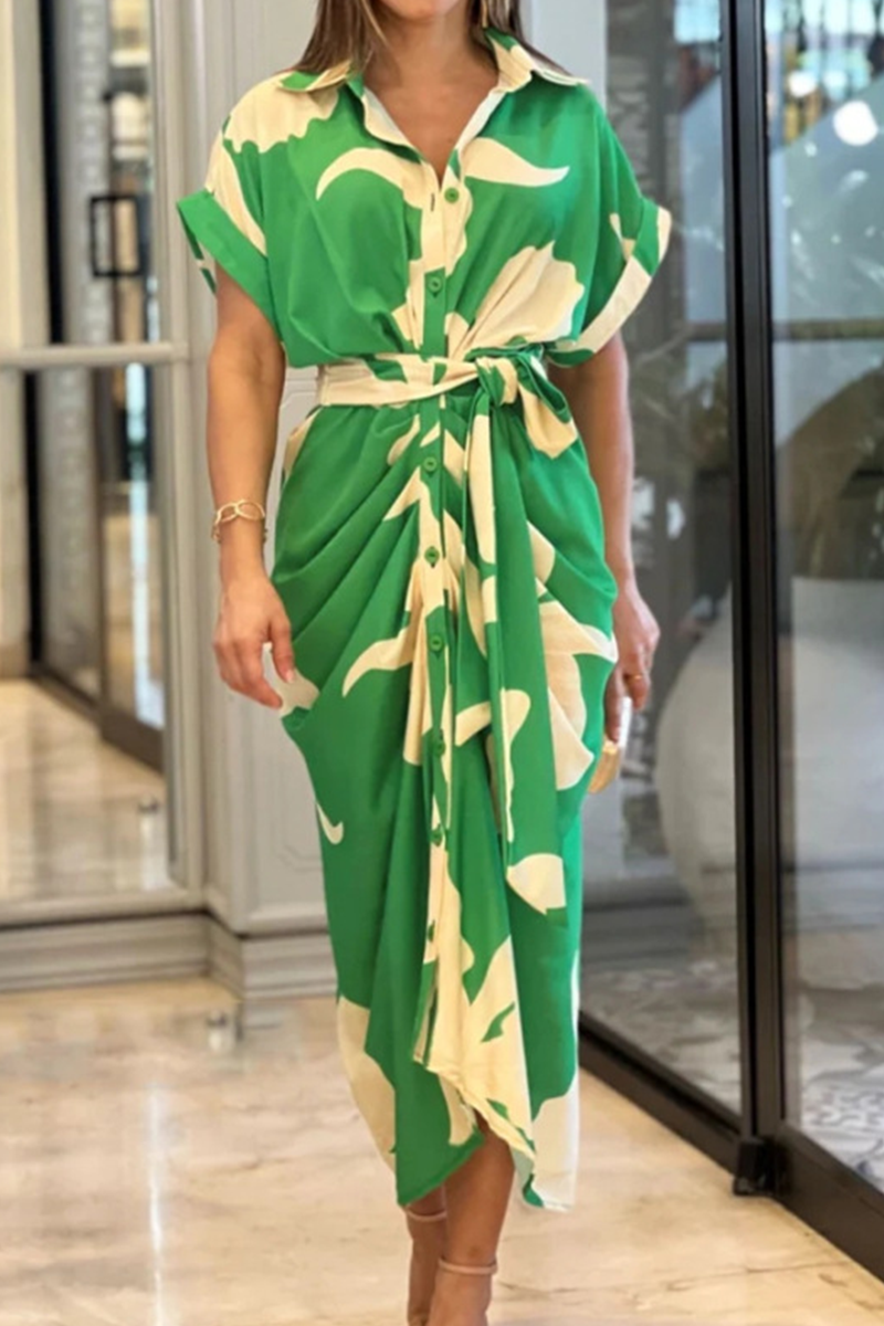 Fashion Print Patchwork Turndown Collar Shirt Dress Dresses  Fashionpara