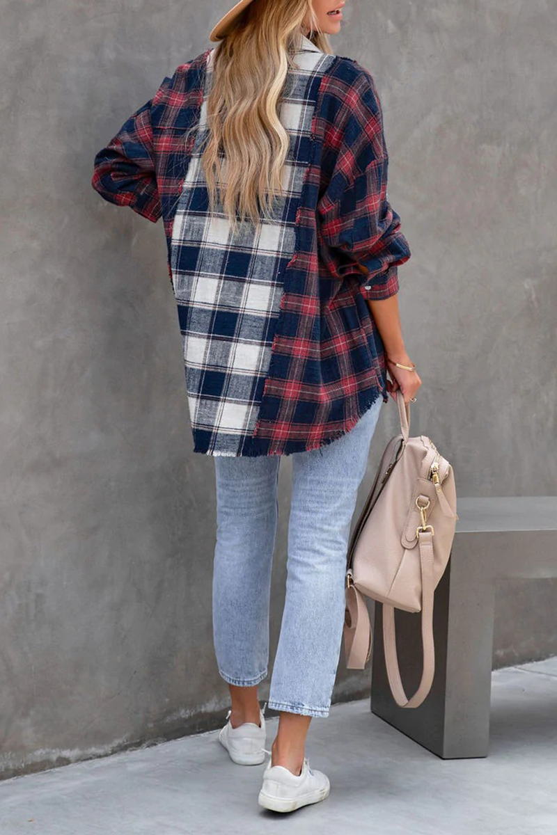 Casual Plaid Patchwork Turndown Collar Tops - Fashionpara