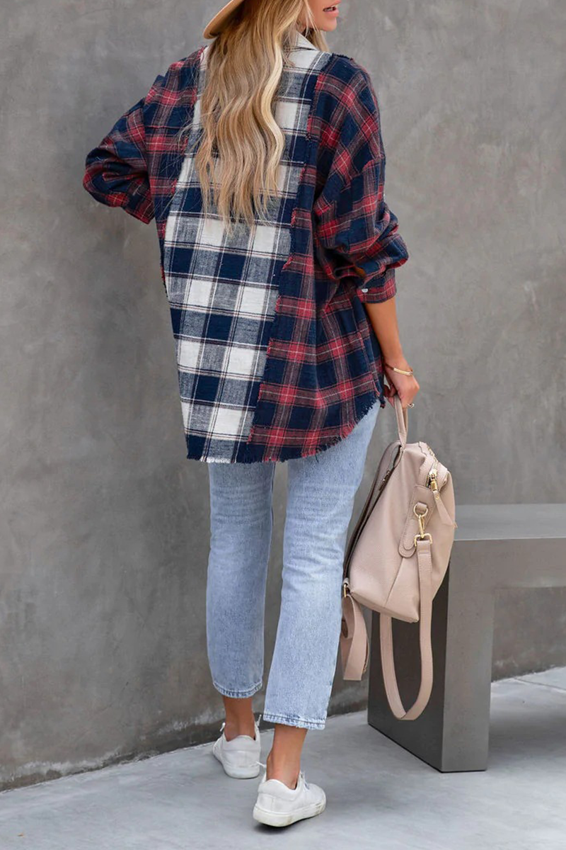 Casual Plaid Patchwork Turndown Collar Tops - Fashionpara