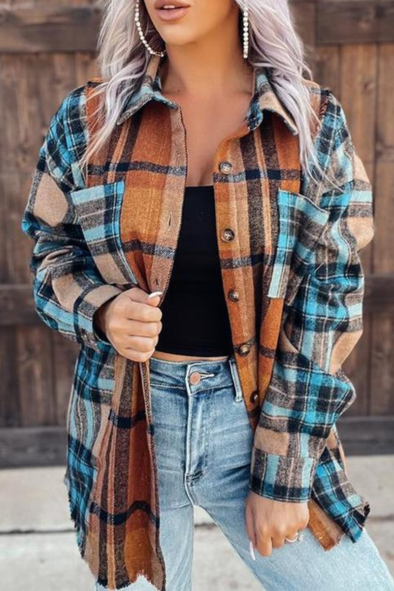 Casual Plaid Patchwork Turndown Collar Blouses - Fashionpara