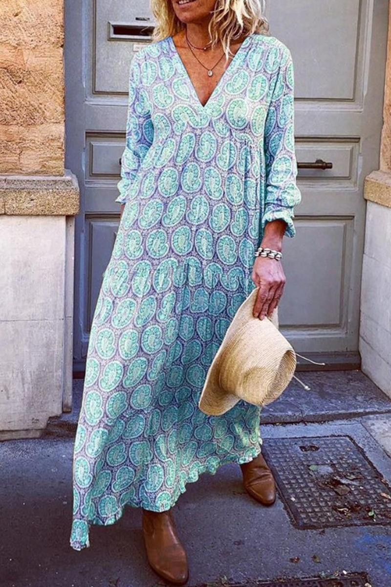 Casual Print Patchwork V Neck Straight Dresses(5 Colors)  Fashionpara