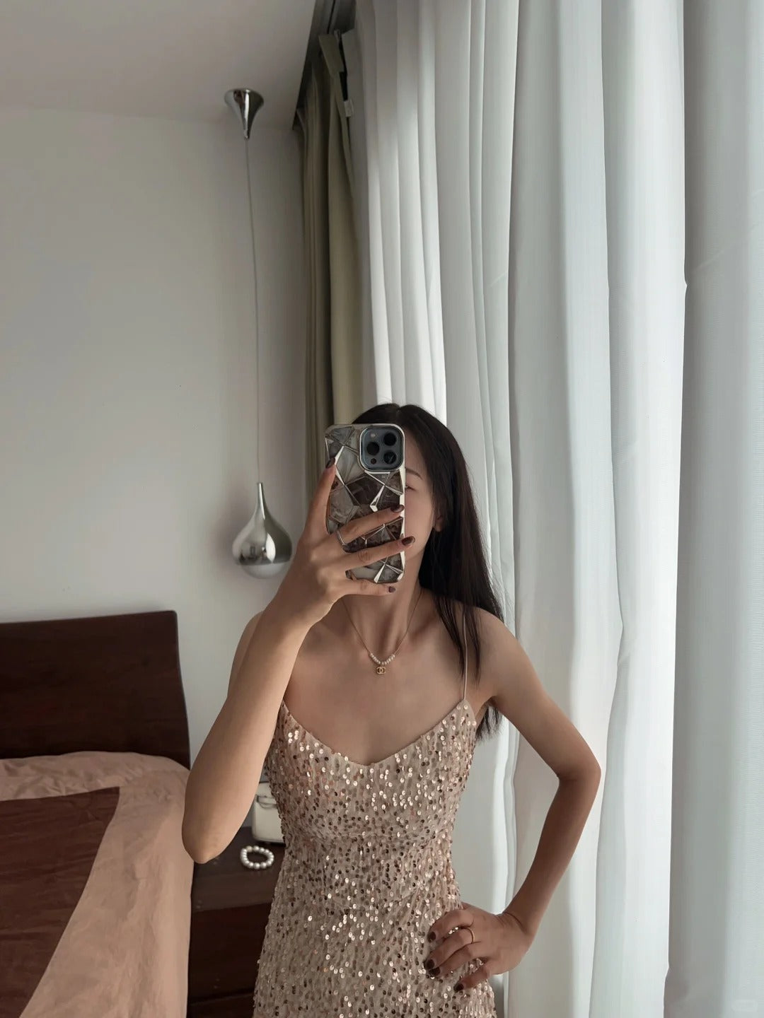 Elegant Champagne Gold Mermaid Halter V-neck Sequined Long Prom Dress Evening Dress P4166