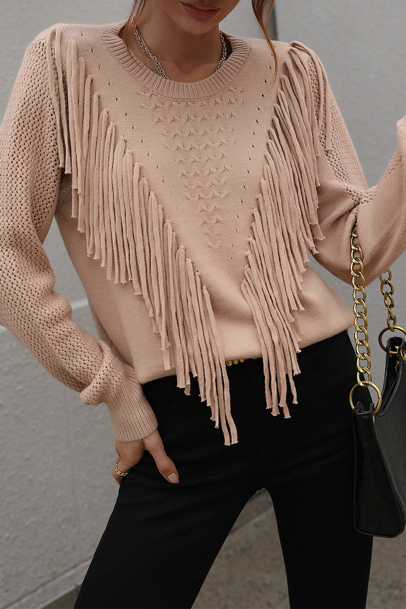 Florcoo Solid Tassel O Neck Sweater - Stylish Patchwork Design