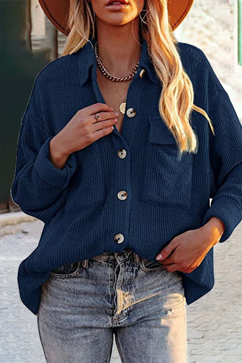 Fashion Casual Solid Pocket Turndown Collar Blouses(8 Colors) - Fashionpara