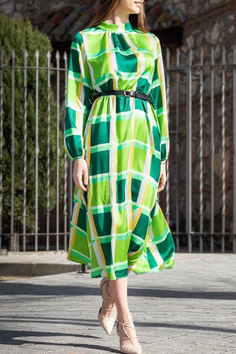 Casual Plaid Print Patchwork Half A Turtleneck Dresses(Without Belt)(4 Colors)  Fashionpara