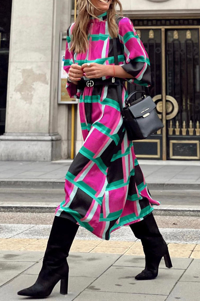 Casual Plaid Print Patchwork Half A Turtleneck Dresses(Without Belt)(4 Colors)  Fashionpara