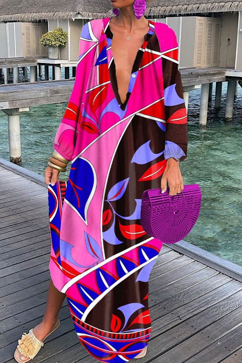 Fashion Sexy Print Patchwork V Neck Straight Dresses(10 Colors) - Fashionpara