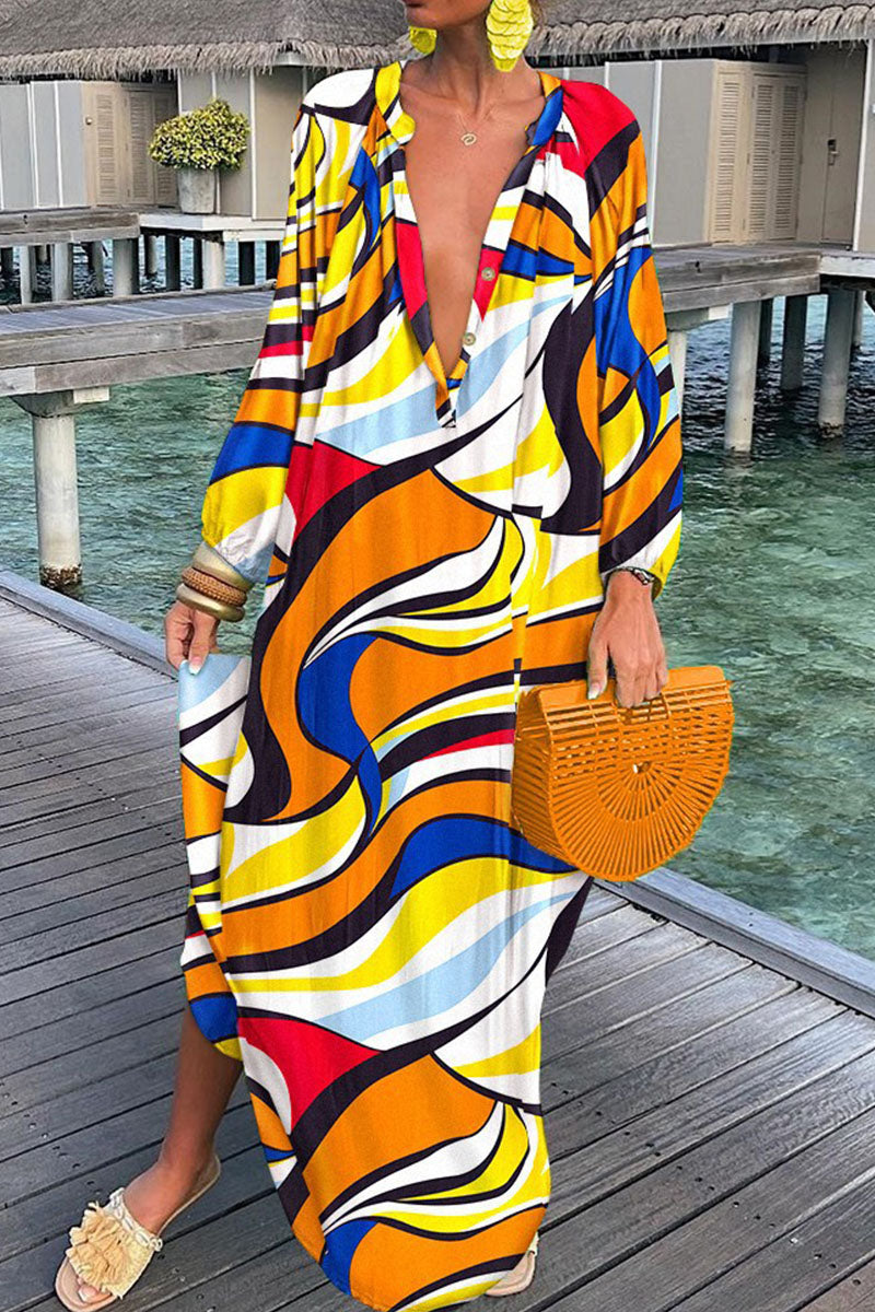 Fashion Sexy Print Patchwork V Neck Straight Dresses(10 Colors) - Fashionpara