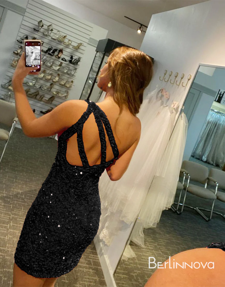 Glitter One-Shoulder Black Homecoming Dress With Sequins - Fashionpara