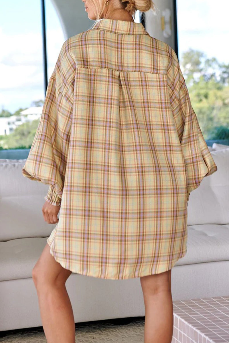 Fashion Plaid Buckle Turndown Collar Blouses(3 Colors) - Fashionpara