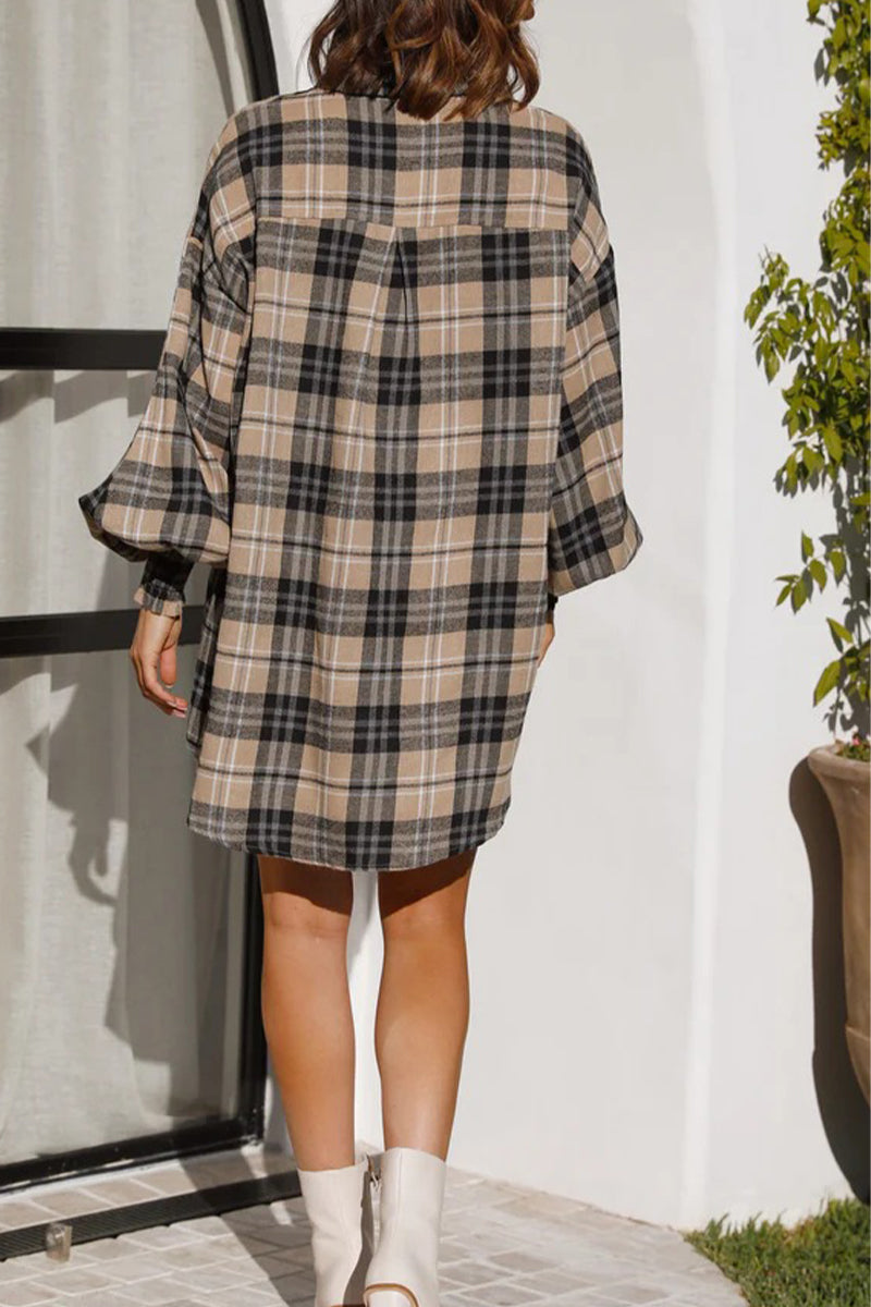 Fashion Plaid Buckle Turndown Collar Blouses(3 Colors) - Fashionpara