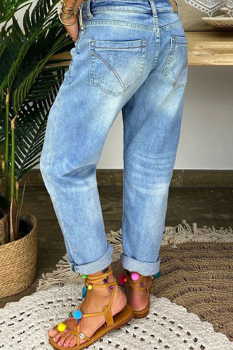 Fashion Street Patchwork Ripped High Waist Denim Jeans - Fashionpara