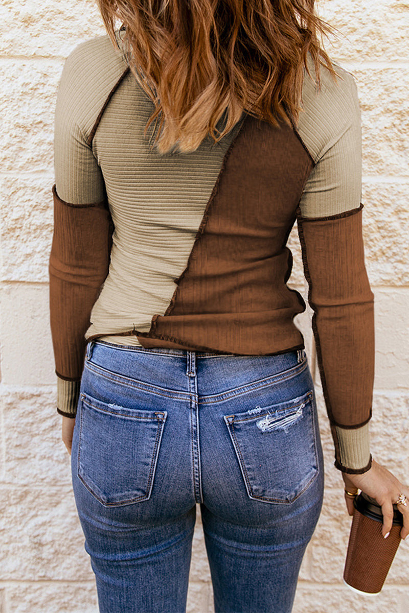 Fashion Patchwork Contrast V Neck Tops(3 Colors) - Fashionpara