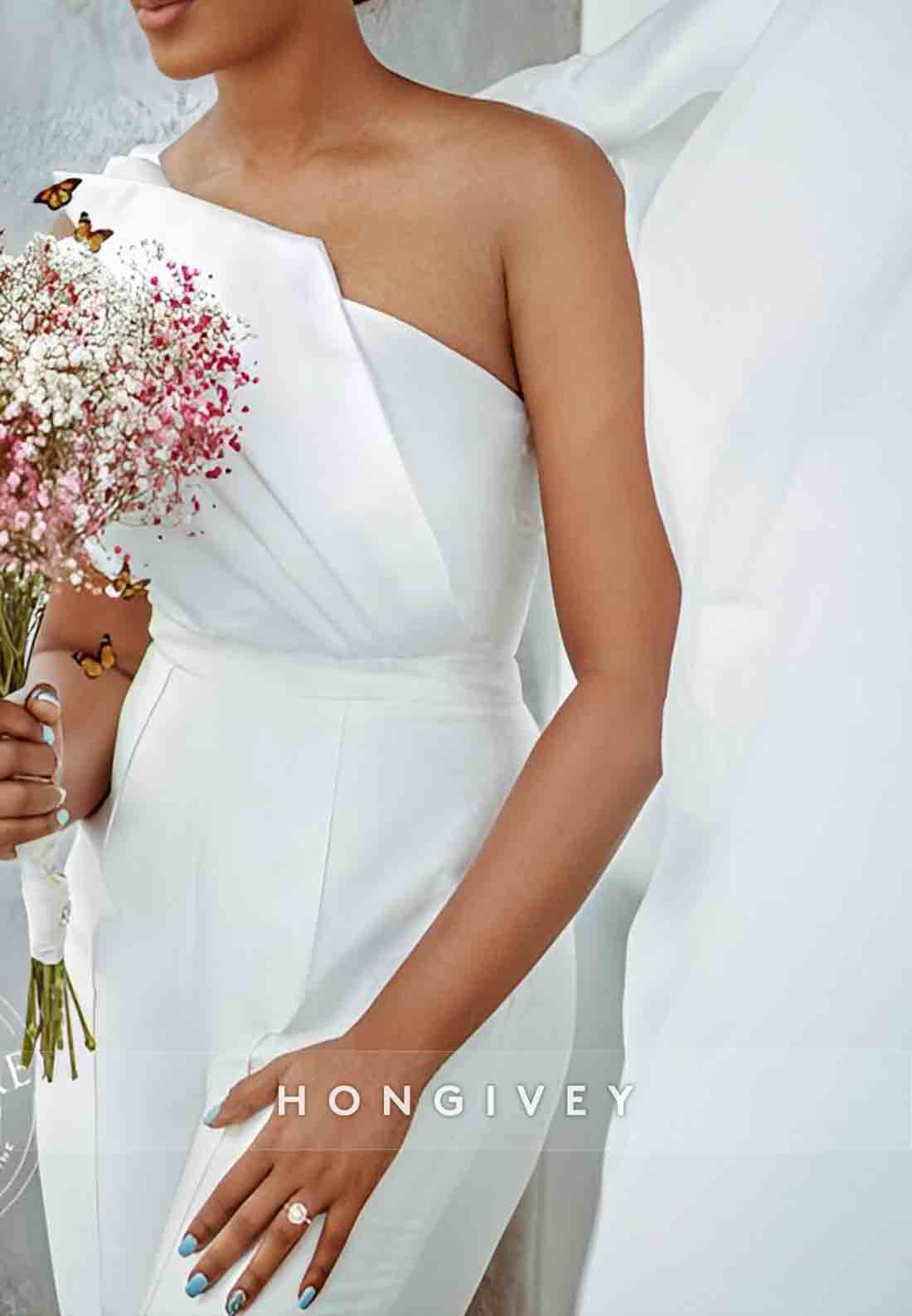 Jumpsuit One Shoulder Side Draping Ankle-Length Pleated Wedding Dresses