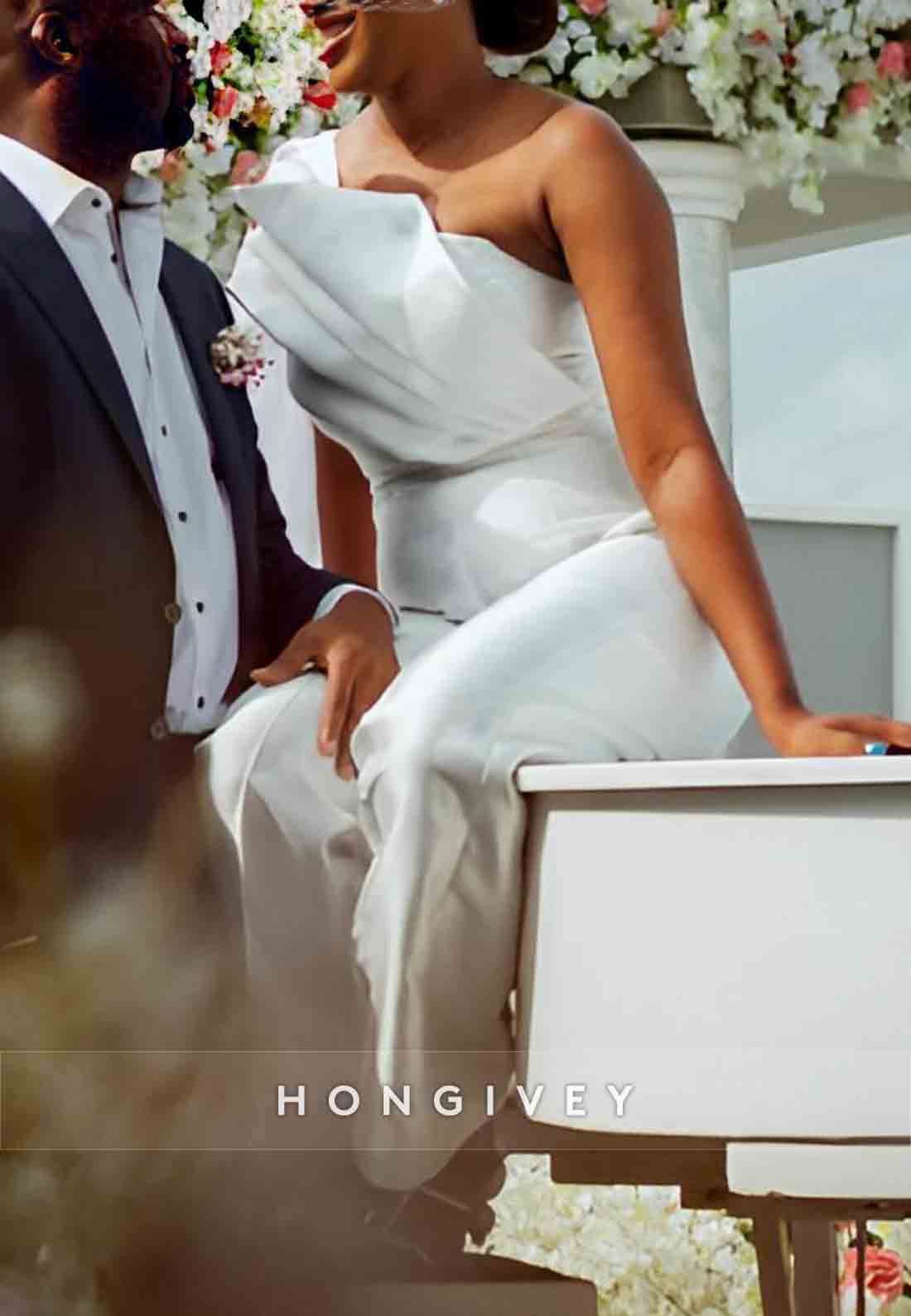 Jumpsuit One Shoulder Side Draping Ankle-Length Pleated Wedding Dresses