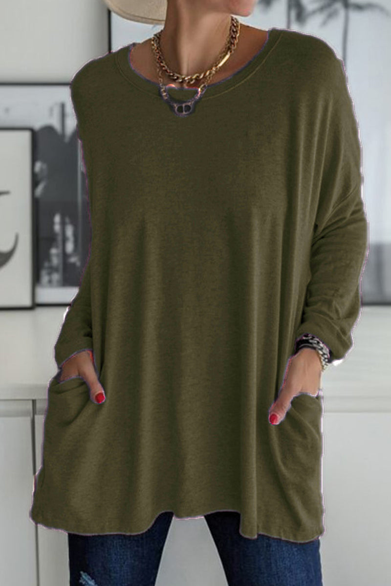 Casual Solid Patchwork Pocket O Neck Tops(13 Colors) - Fashionpara