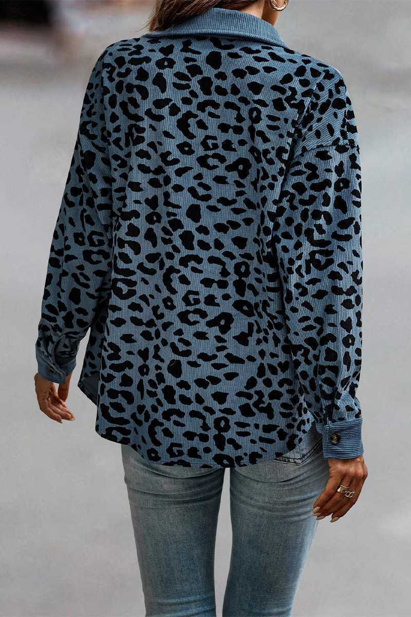 Casual Sweet Leopard Pocket Turndown Collar Tops - Fashionpara