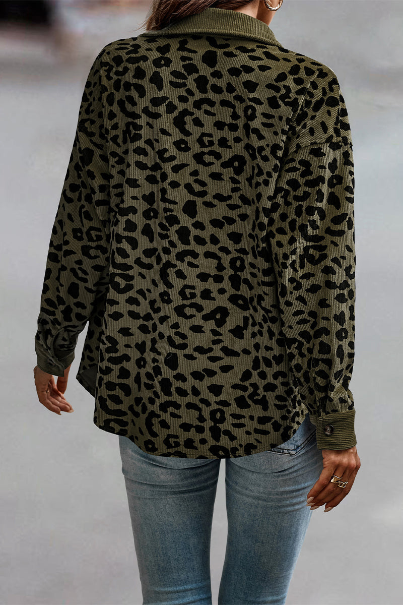 Casual Sweet Leopard Pocket Turndown Collar Tops - Fashionpara