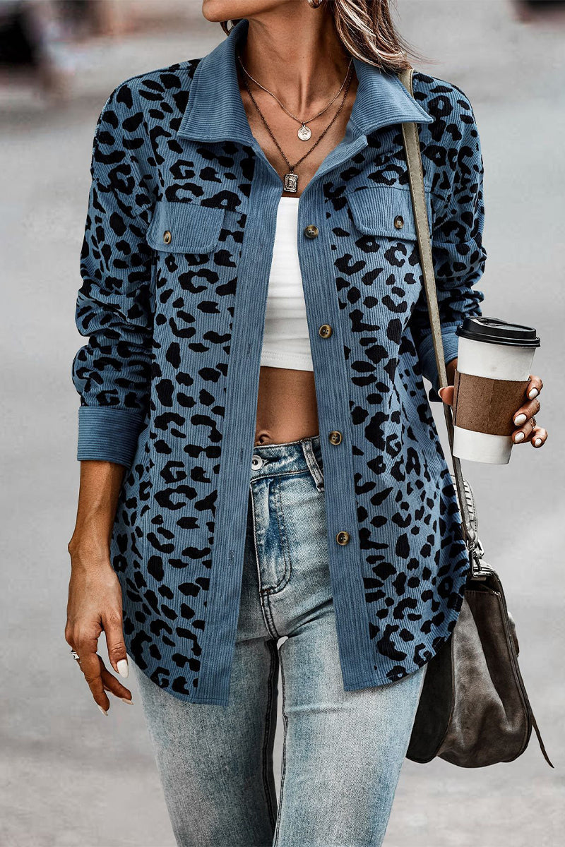 Casual Sweet Leopard Pocket Turndown Collar Tops - Fashionpara