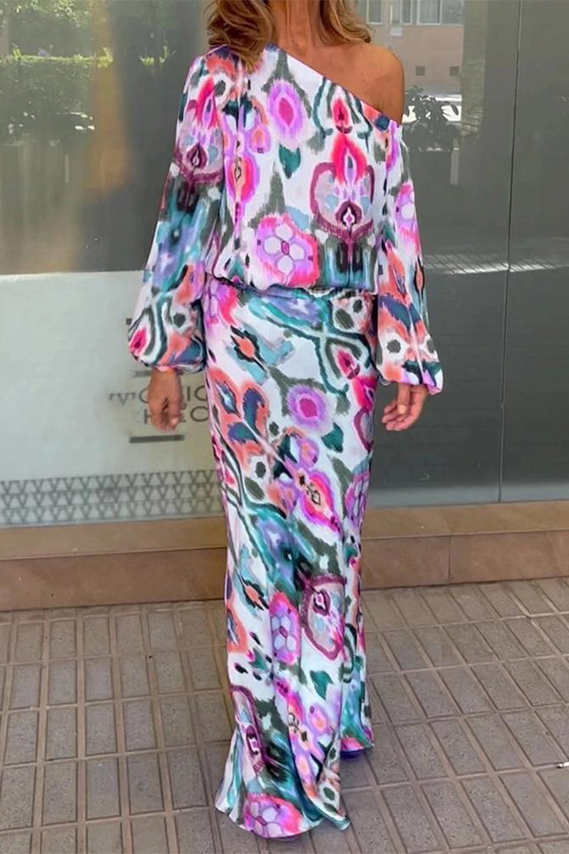 Elegant Print Printing Oblique Collar Long Sleeve Two Pieces(7 Colors) - Fashionpara