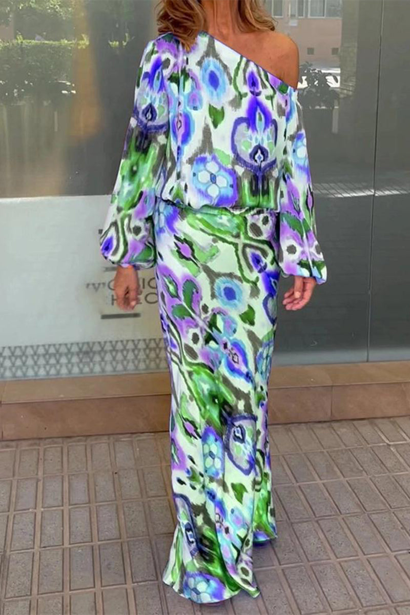 Elegant Print Printing Oblique Collar Long Sleeve Two Pieces(7 Colors) - Fashionpara