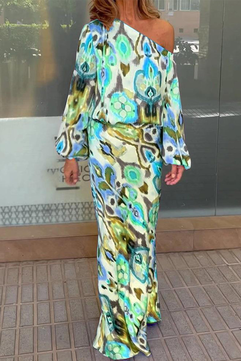 Elegant Print Printing Oblique Collar Long Sleeve Two Pieces(7 Colors) - Fashionpara