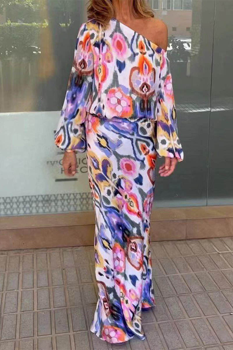 Elegant Print Printing Oblique Collar Long Sleeve Two Pieces(7 Colors) - Fashionpara