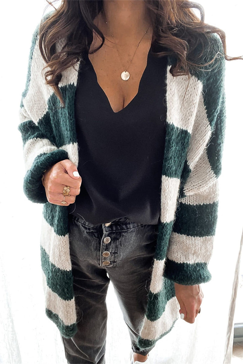 Street Striped Contrast V Neck Cardigans - Fashionpara