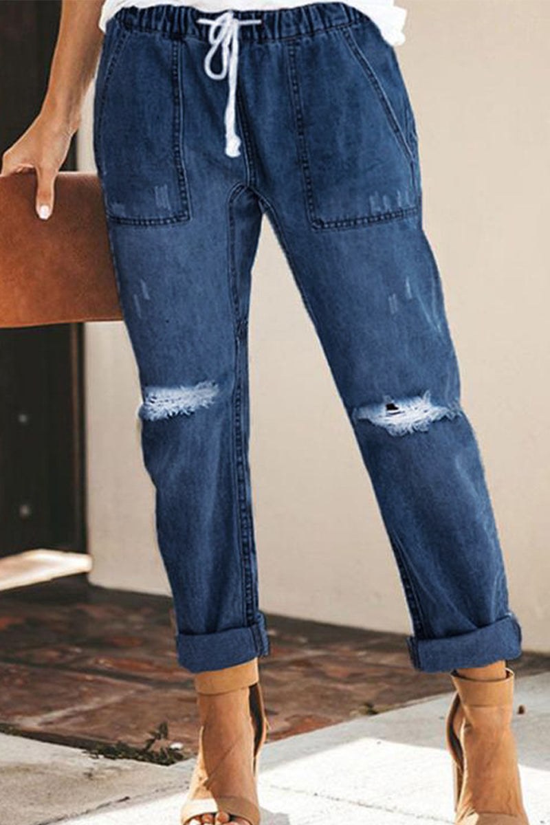 Street Solid Ripped Frenulum Straight Denim Jeans