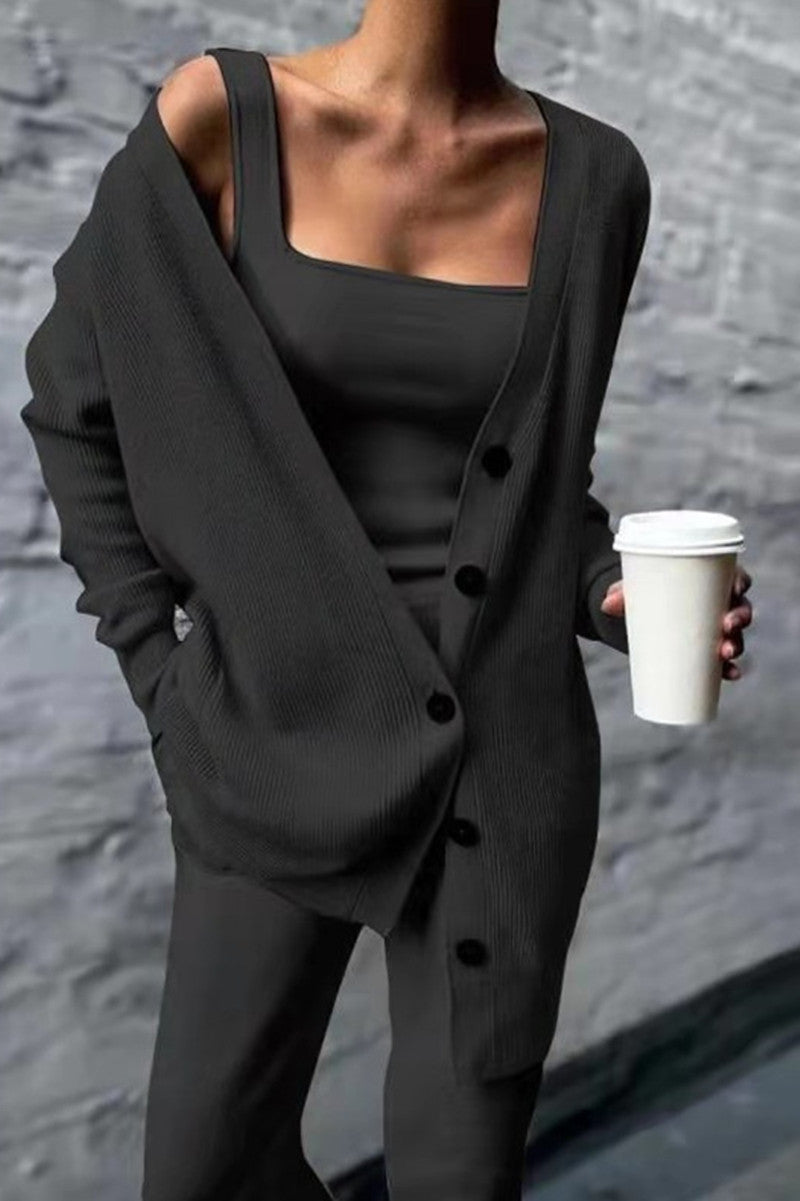 Casual Solid Cardigan Vests Pants Square Collar Long Sleeve Three-piece Set(3 Colors)  Fashionpara