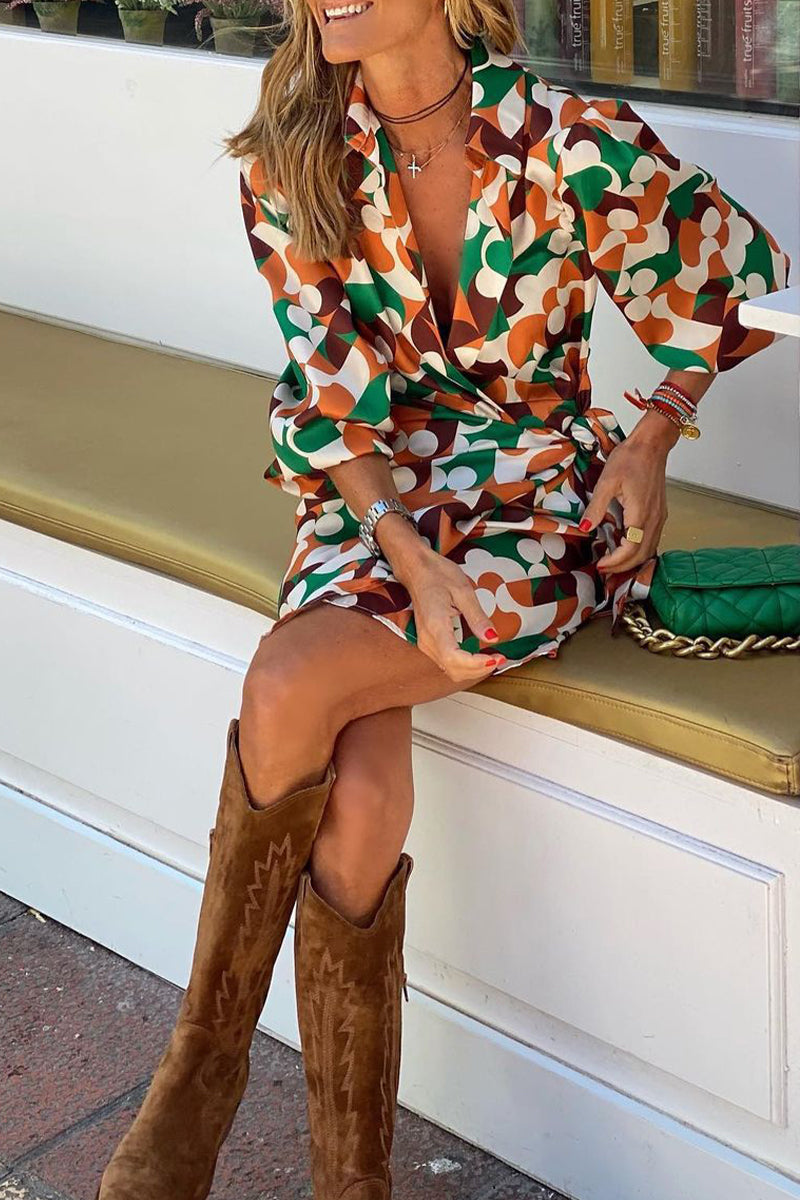 British Style Elegant Geometric Print Frenulum V Neck One Step Skirt Dresses - Fashionpara