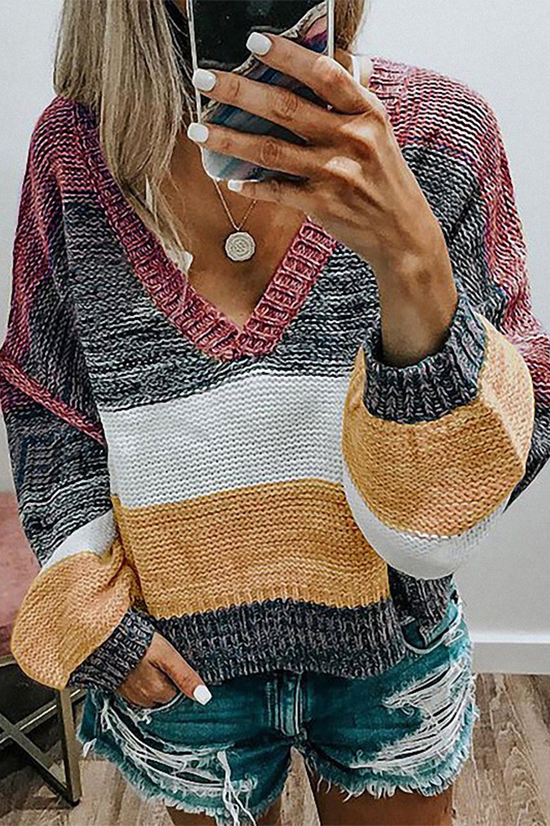 Casual Sweet Color Block Patchwork V Neck Sweaters(4 Colors) - Fashionpara