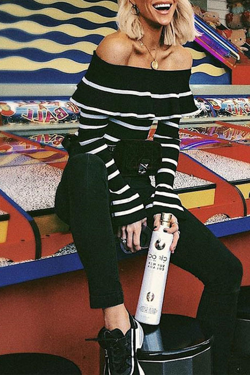 Street Daily Striped Flounce Off the Shoulder Sweaters - Fashionpara