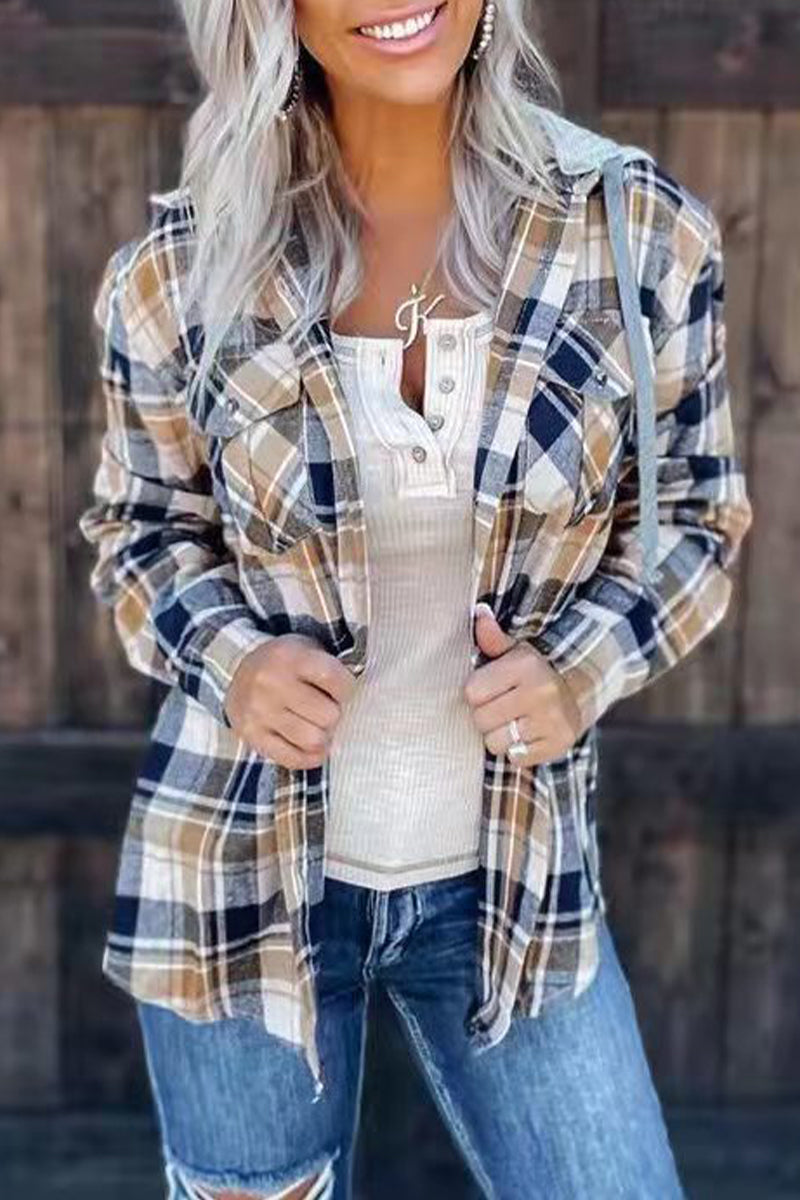 Street Plaid Patchwork Hooded Collar Blouses - Fashionpara