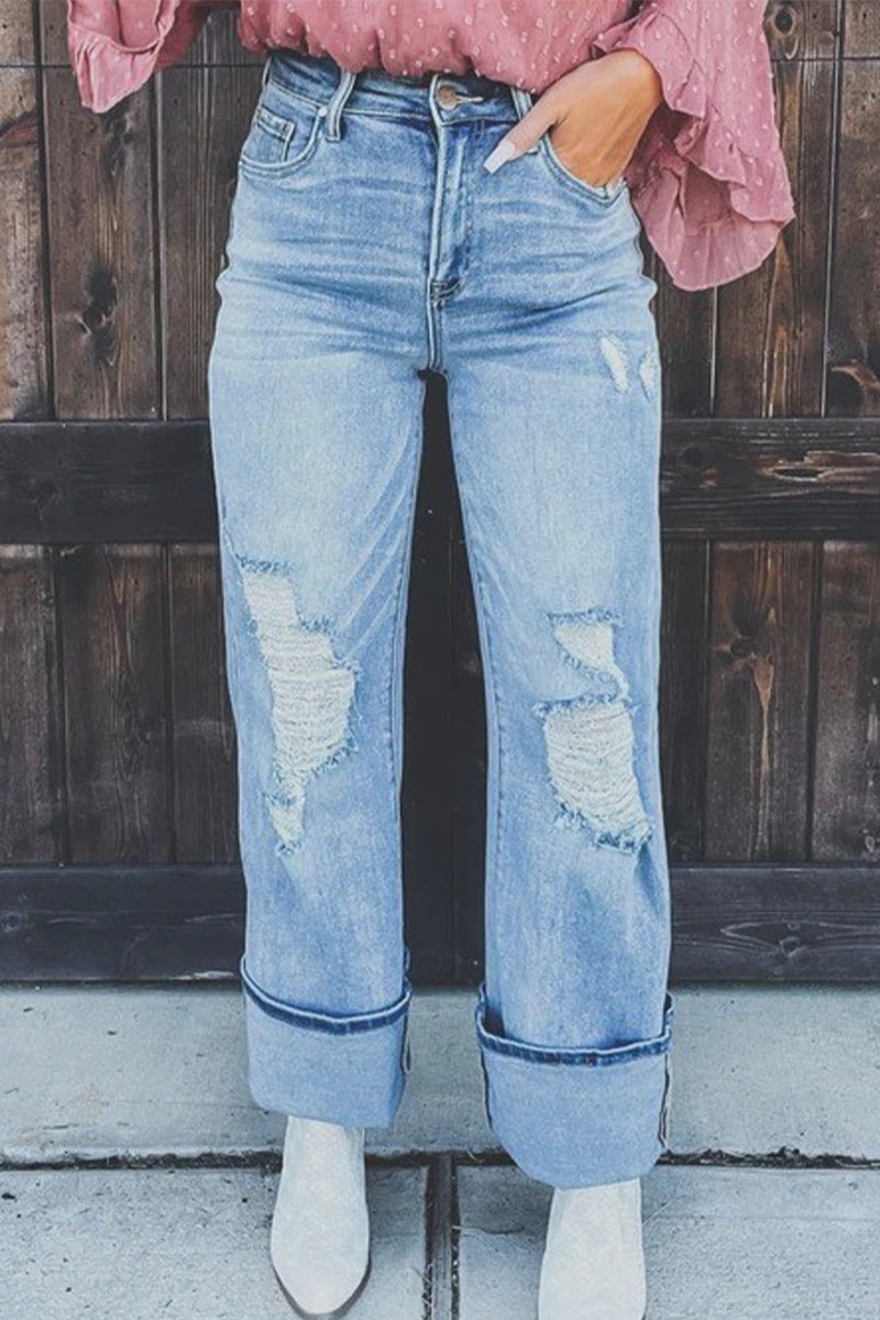Street Solid Ripped Patchwork High Waist Straight Denim Jeans - Fashionpara